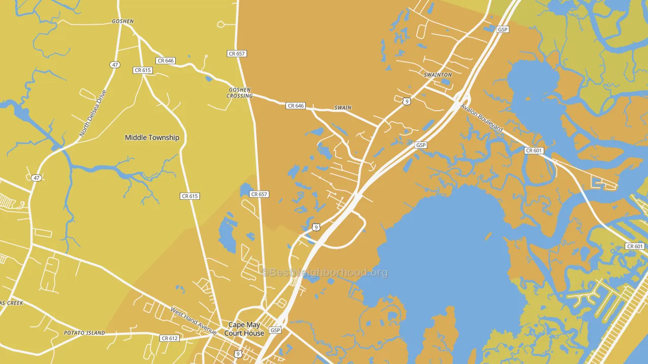 Map of the best neighborhoods in the Swainton area, with better matches in green and worse matches in red