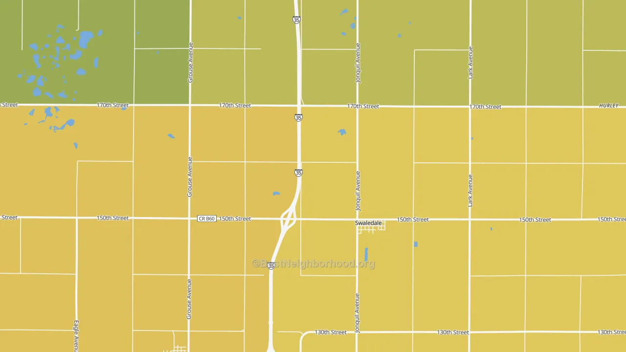 Map of the best neighborhoods in the Swaledale area, with better matches in green and worse matches in red