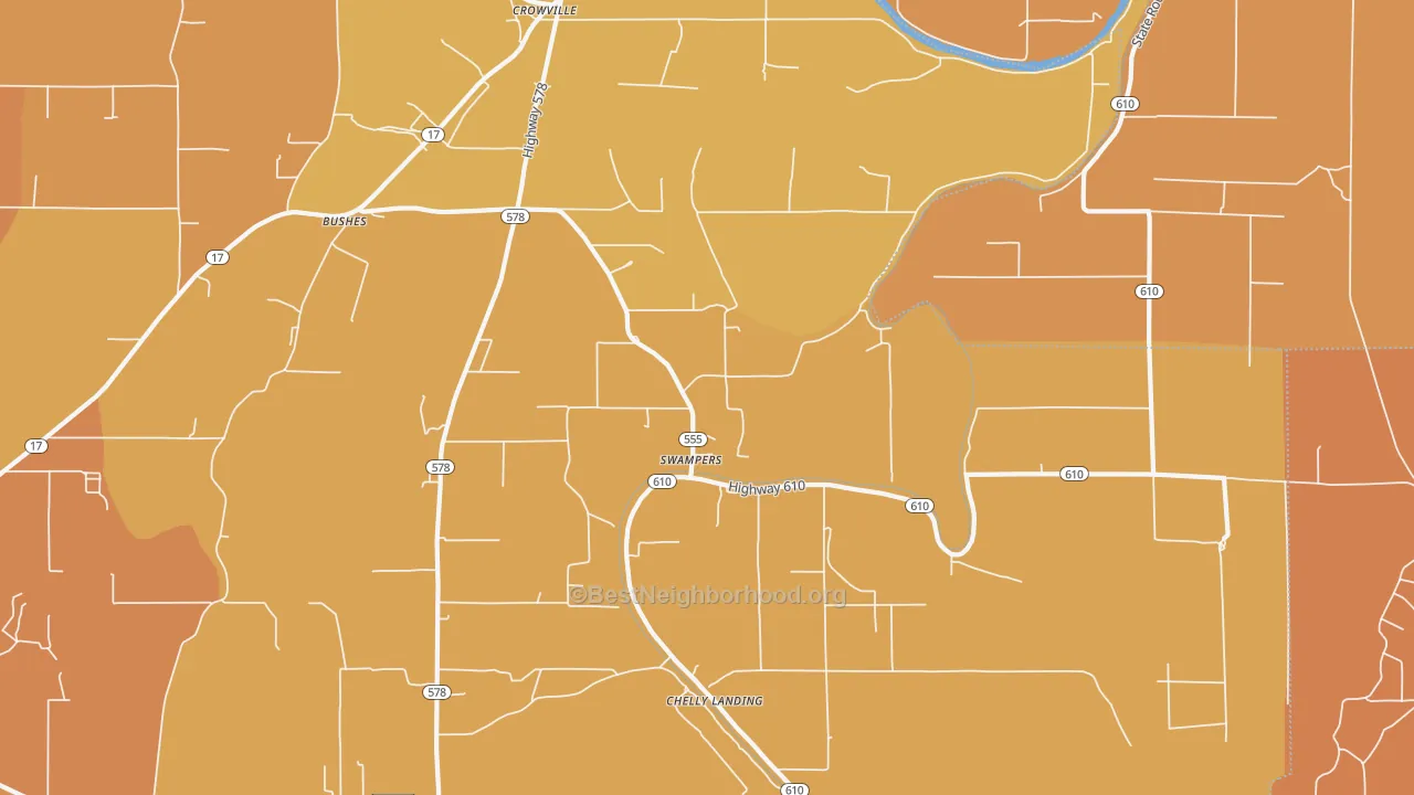 Map of the best neighborhoods in the Swampers area, with better matches in green and worse matches in red