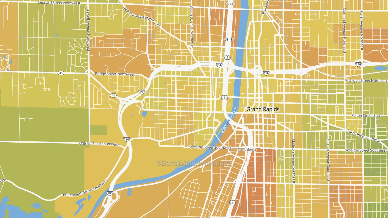 Map of the best neighborhoods in the Swan, Grand Rapids area, with better matches in green and worse matches in red