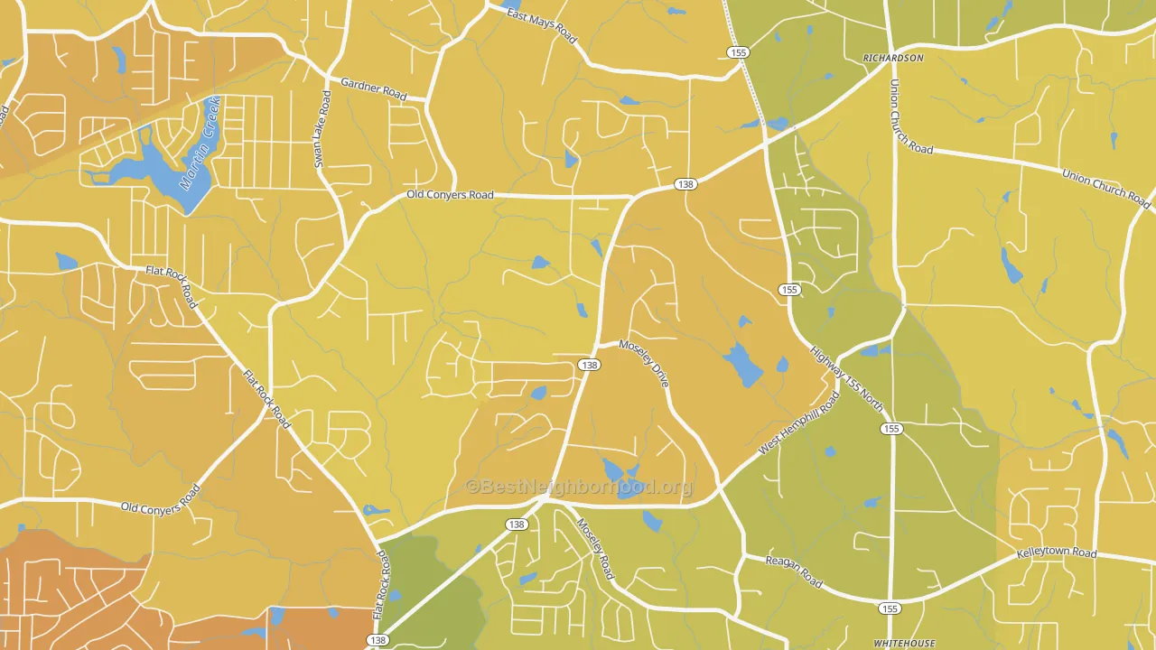Map of the best neighborhoods in the Swan Lake area, with better matches in green and worse matches in red