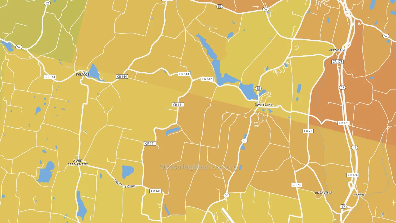 Map of the best neighborhoods in the Swan Lake area, with better matches in green and worse matches in red