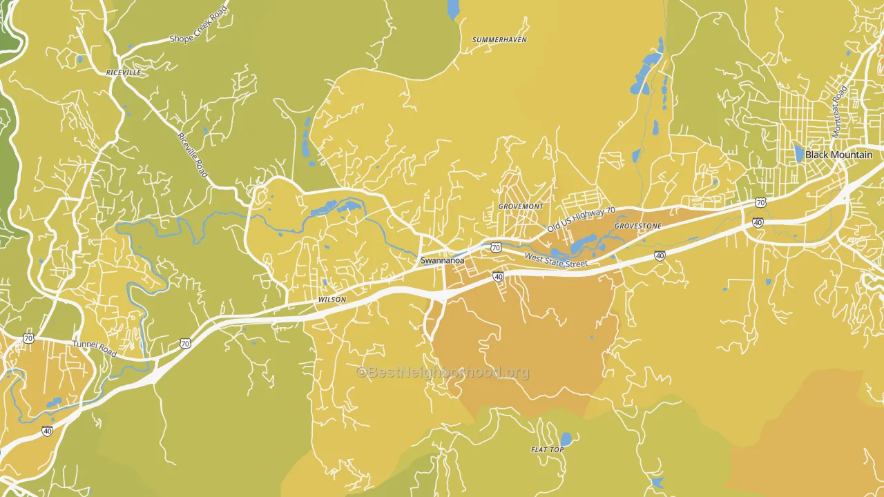 Map of the best neighborhoods in the Swannanoa area, with better matches in green and worse matches in red