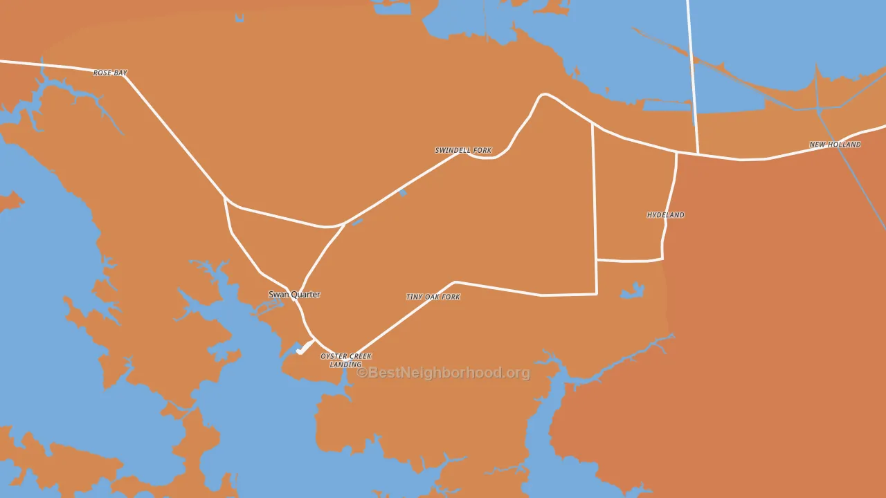 Map of the best neighborhoods in the Swanquarter area, with better matches in green and worse matches in red