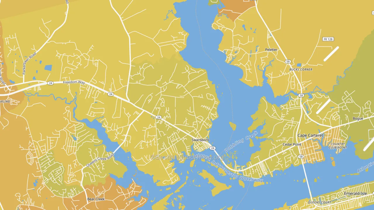Map of the best neighborhoods in the Swansboro area, with better matches in green and worse matches in red