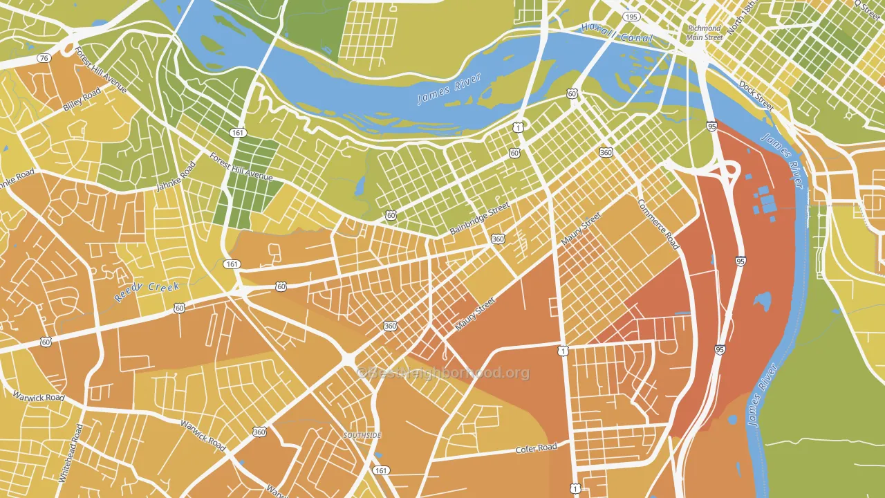 Map of the best neighborhoods in the Swansboro, Richmond area, with better matches in green and worse matches in red