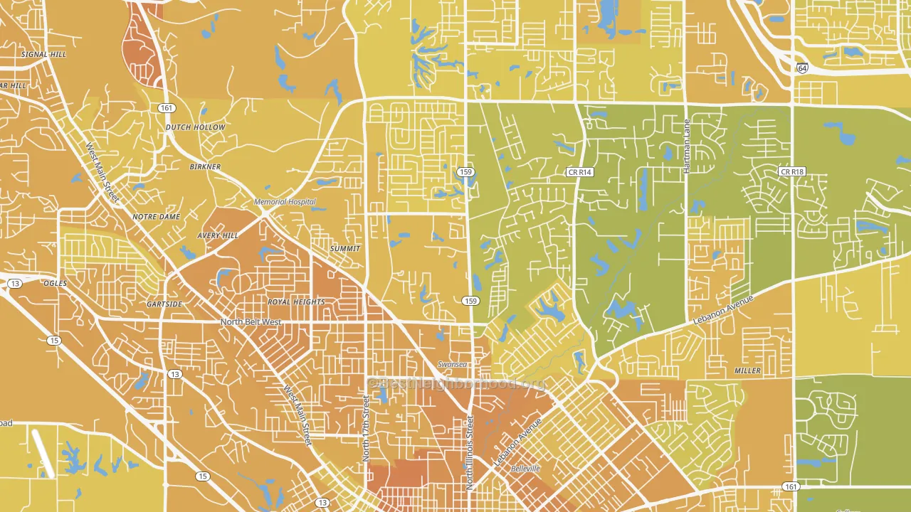 Map of the best neighborhoods in the Swansea area, with better matches in green and worse matches in red