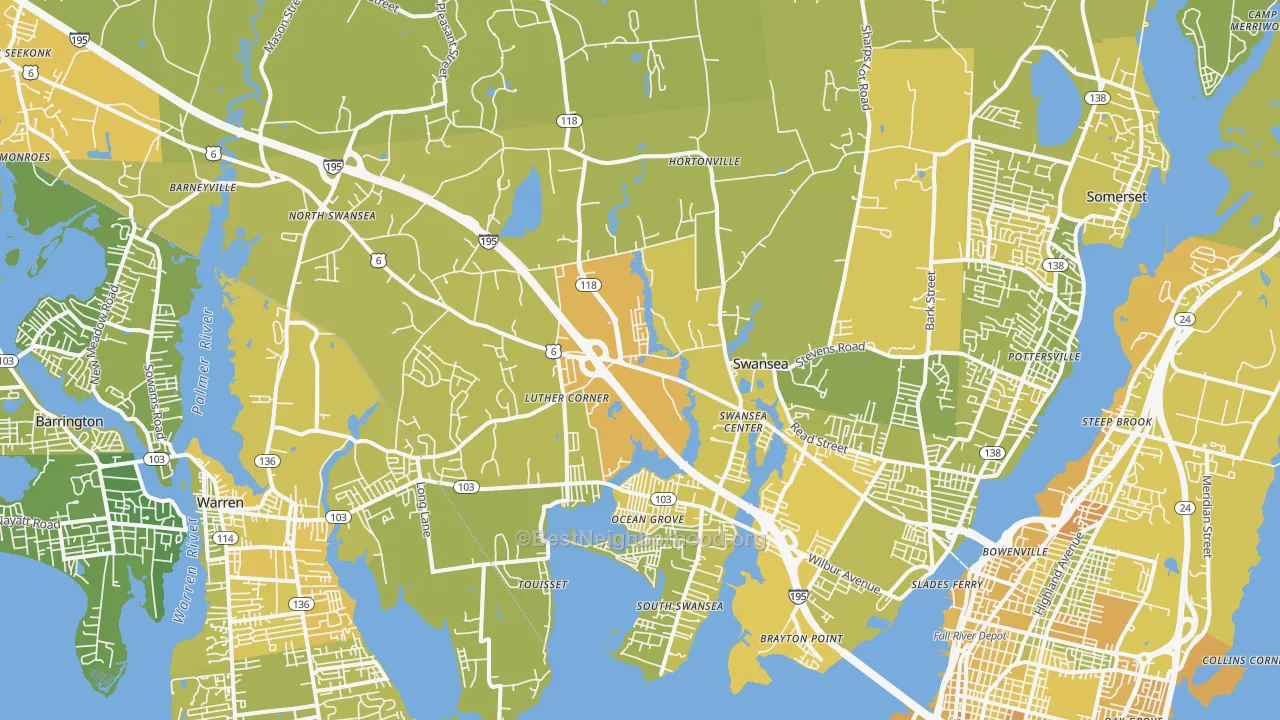 Map of the best neighborhoods in the Swansea area, with better matches in green and worse matches in red