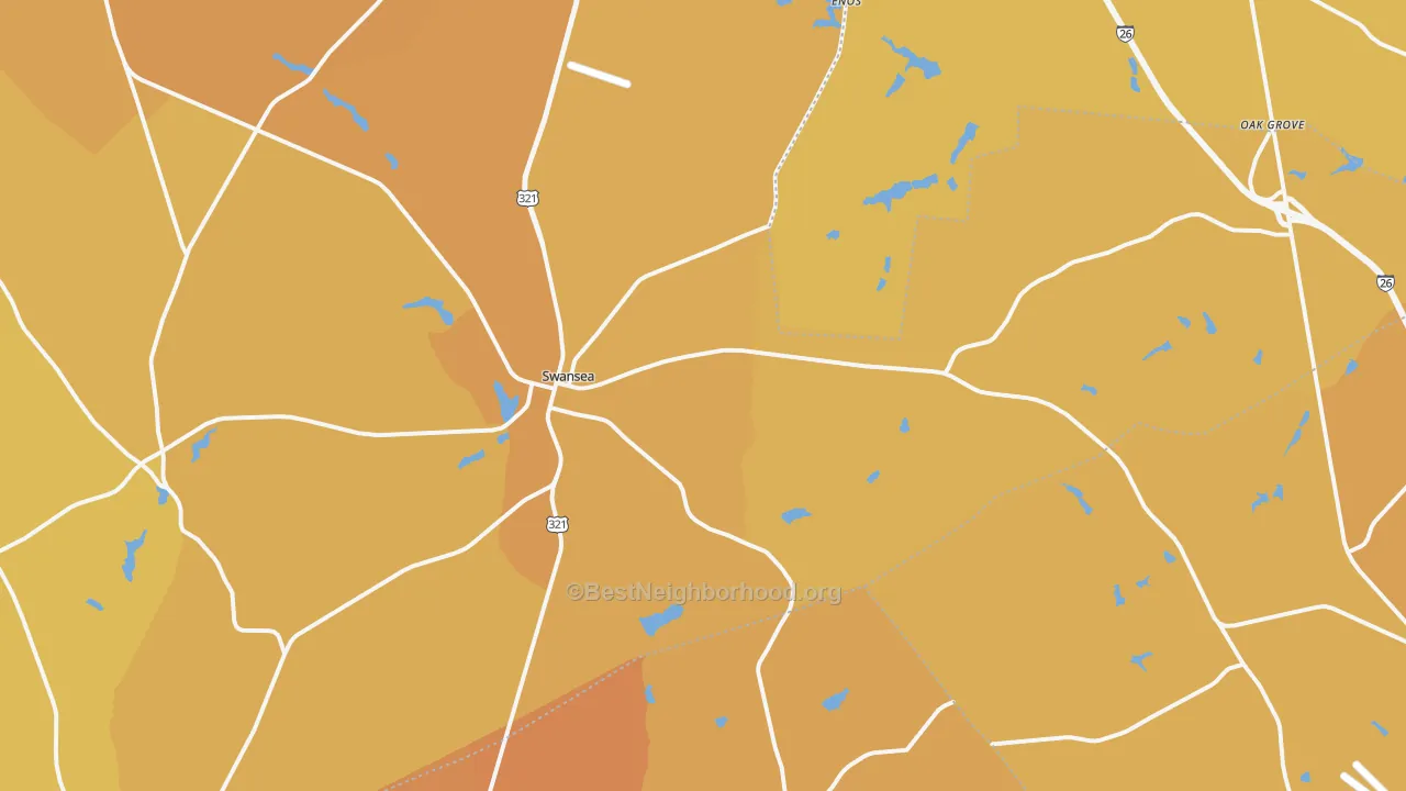 Map of the best neighborhoods in the Swansea area, with better matches in green and worse matches in red