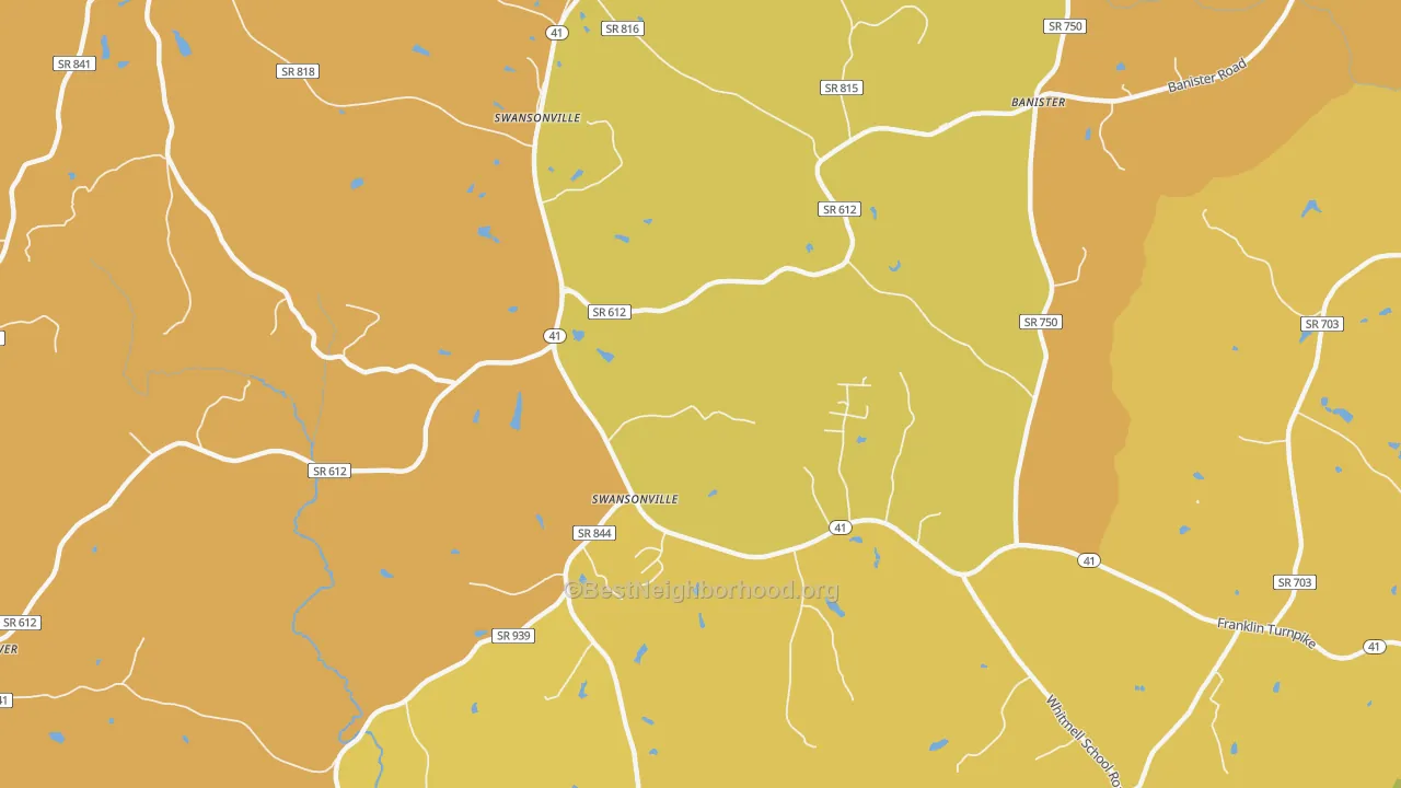 Map of the best neighborhoods in the Swansonville area, with better matches in green and worse matches in red
