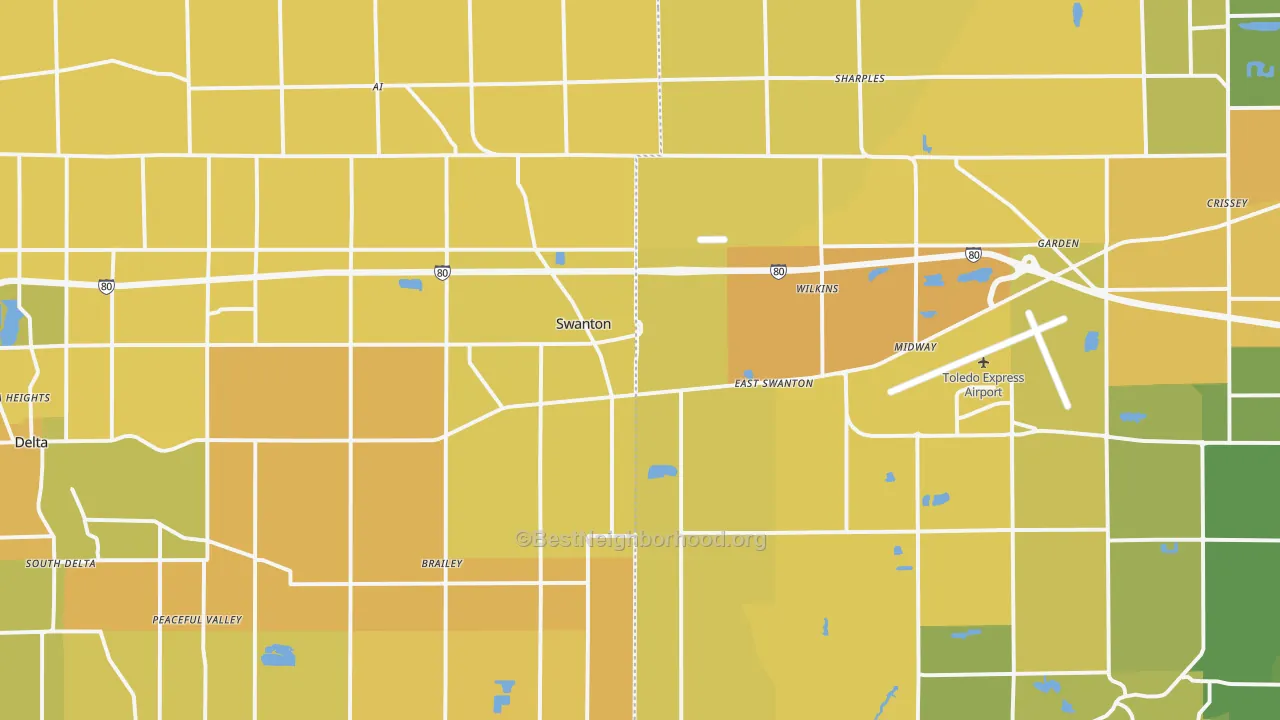 Map of the best neighborhoods in the Swanton area, with better matches in green and worse matches in red