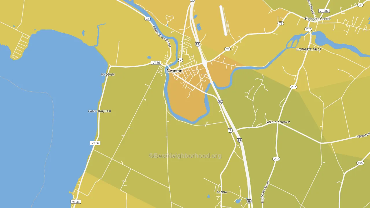 Map of the best neighborhoods in the Swanton area, with better matches in green and worse matches in red