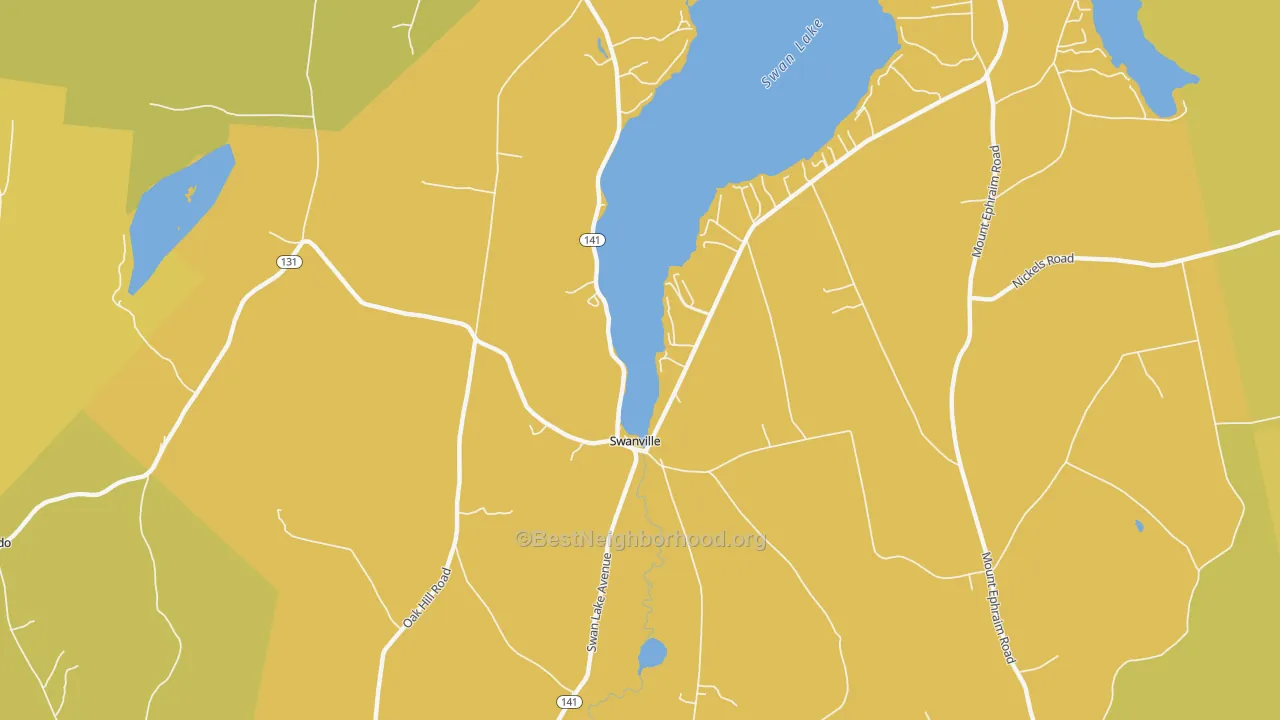 Map of the best neighborhoods in the Swanville area, with better matches in green and worse matches in red