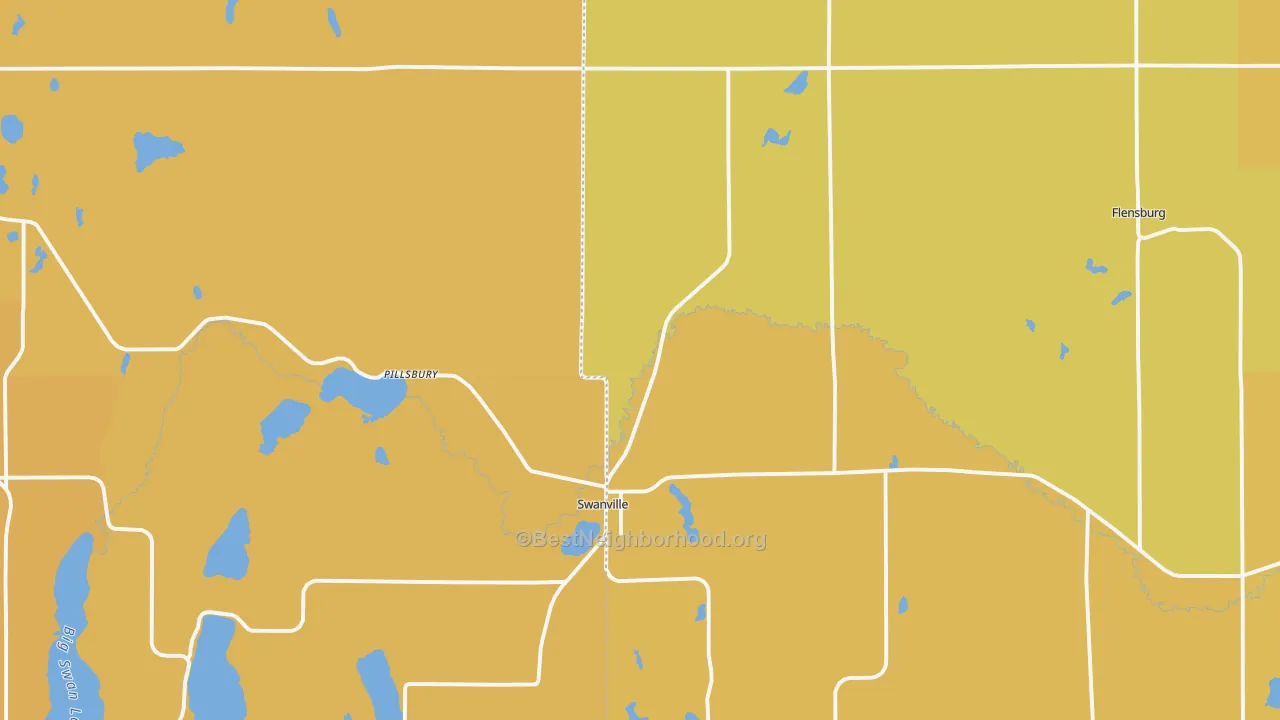 Map of the best neighborhoods in the Swanville area, with better matches in green and worse matches in red