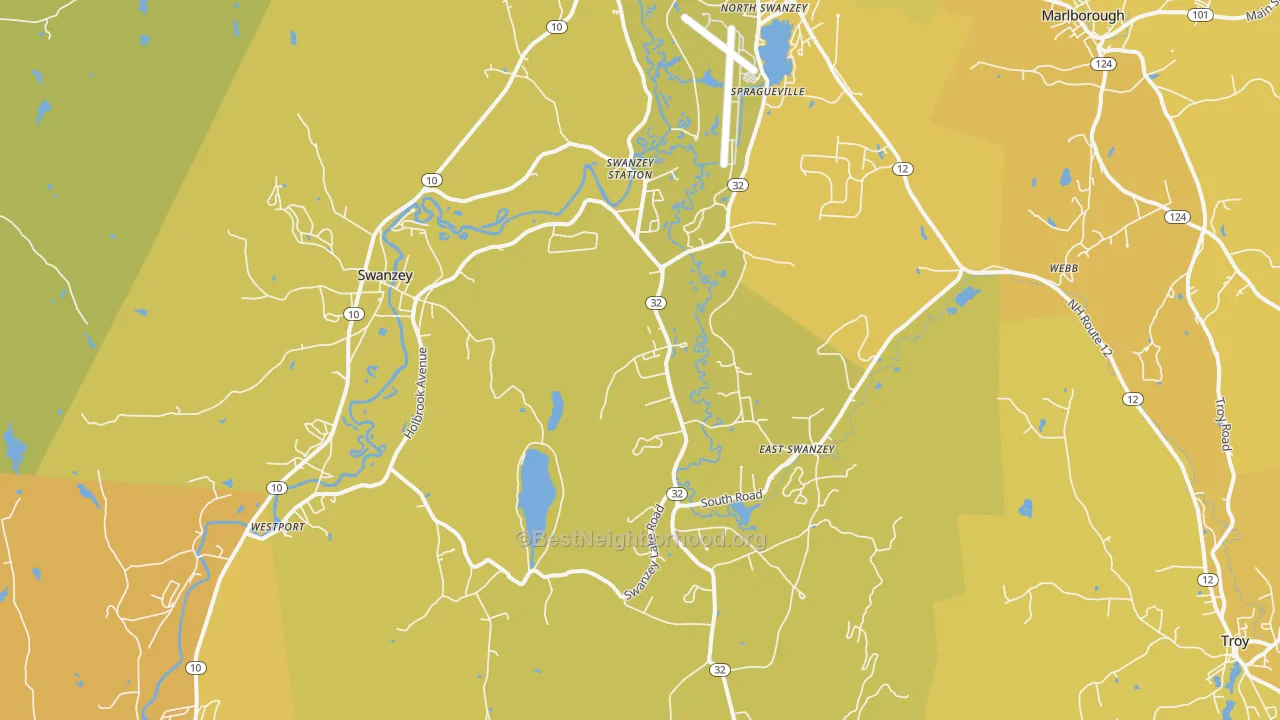 Map of the best neighborhoods in the Swanzey area, with better matches in green and worse matches in red