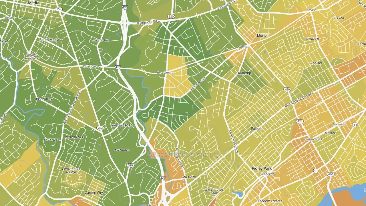 Map of the best neighborhoods in the Swarthmore area, with better matches in green and worse matches in red