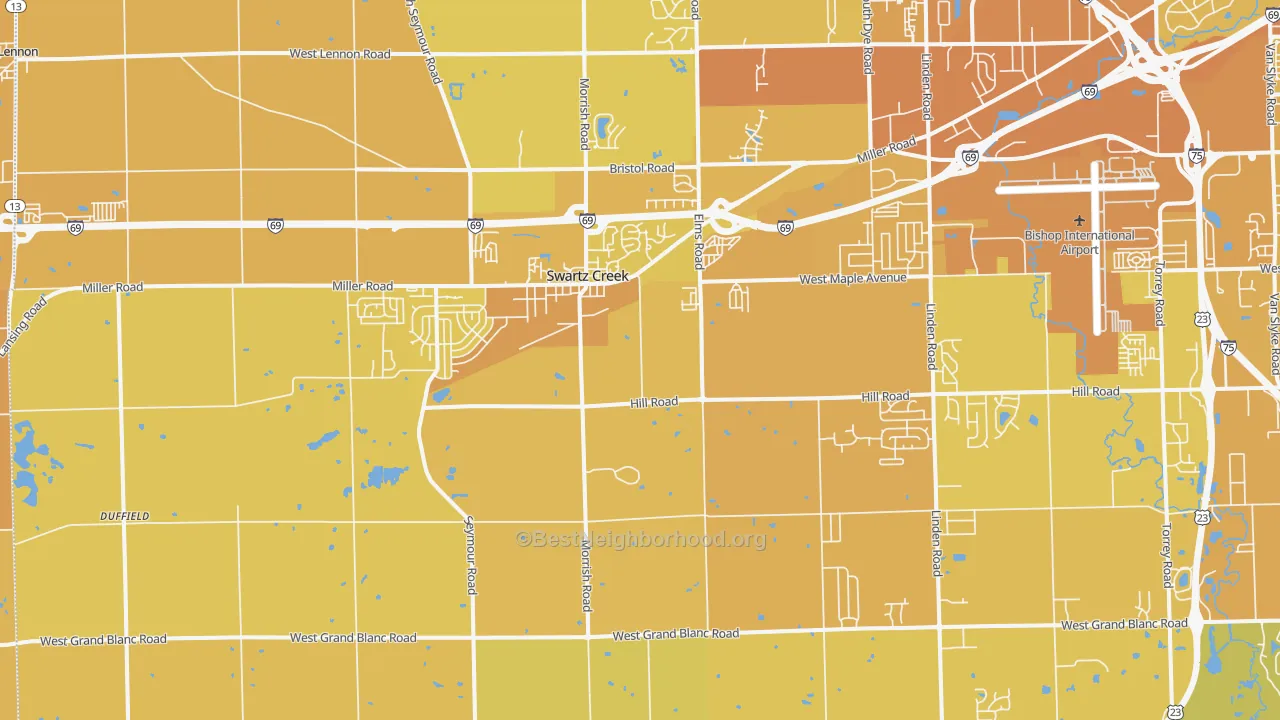 Map of the best neighborhoods in the Swartz Creek area, with better matches in green and worse matches in red