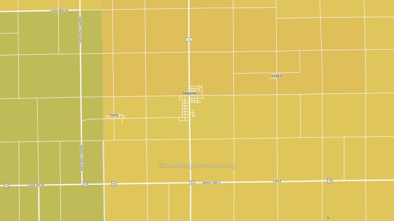 Map of the best neighborhoods in the Swayzee area, with better matches in green and worse matches in red