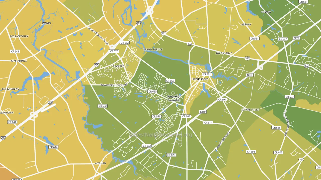 Map of the best neighborhoods in the Swedesboro area, with better matches in green and worse matches in red