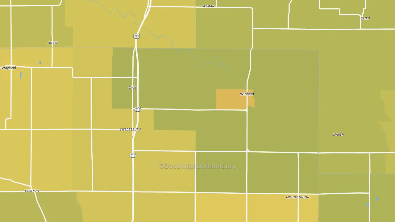 Map of the best neighborhoods in the Swedesburg area, with better matches in green and worse matches in red