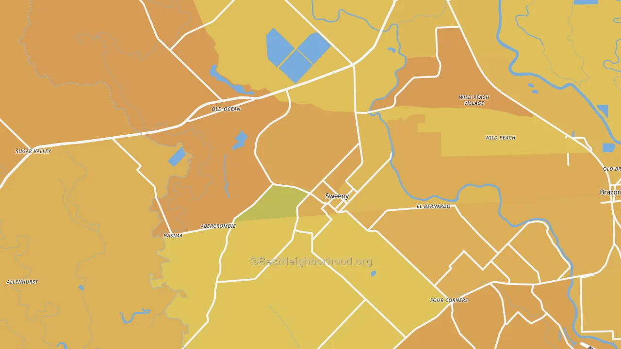 Map of the best neighborhoods in the Sweeny area, with better matches in green and worse matches in red