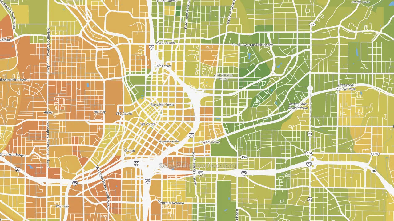 Map of the best neighborhoods in the Sweet Auburn, Atlanta area, with better matches in green and worse matches in red