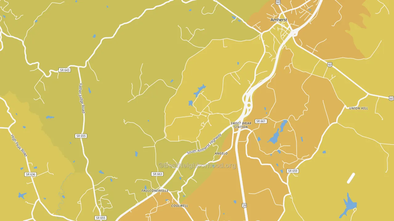 Map of the best neighborhoods in the Sweet Briar area, with better matches in green and worse matches in red