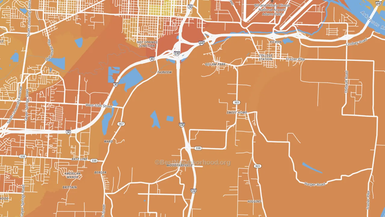 Map of the best neighborhoods in the Sweet Home area, with better matches in green and worse matches in red