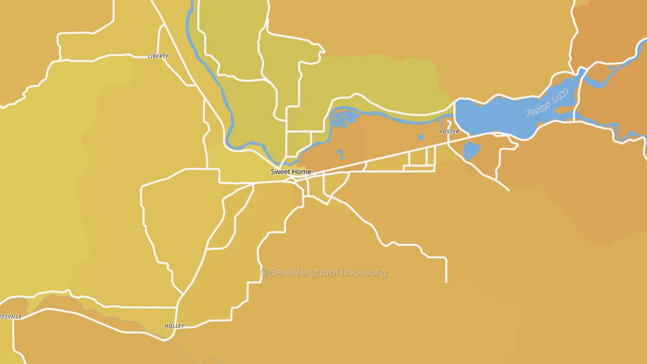 Map of the best neighborhoods in the Sweet Home area, with better matches in green and worse matches in red