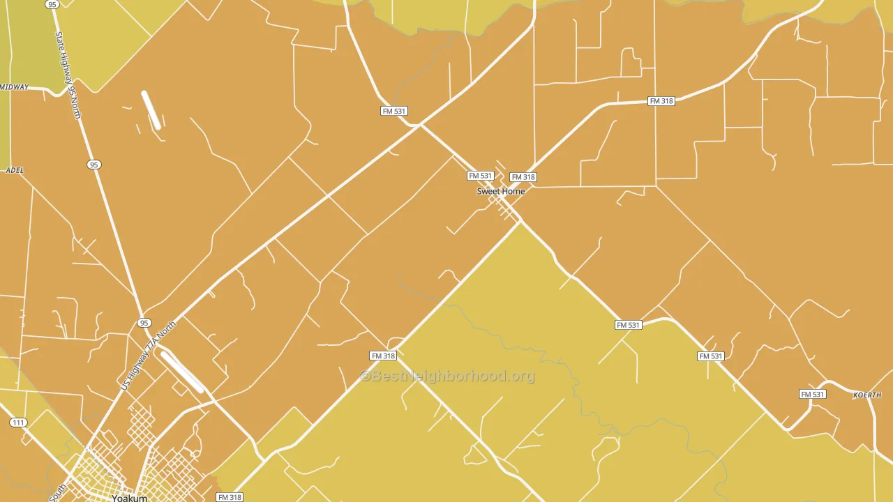 Map of the best neighborhoods in the Sweet Home area, with better matches in green and worse matches in red