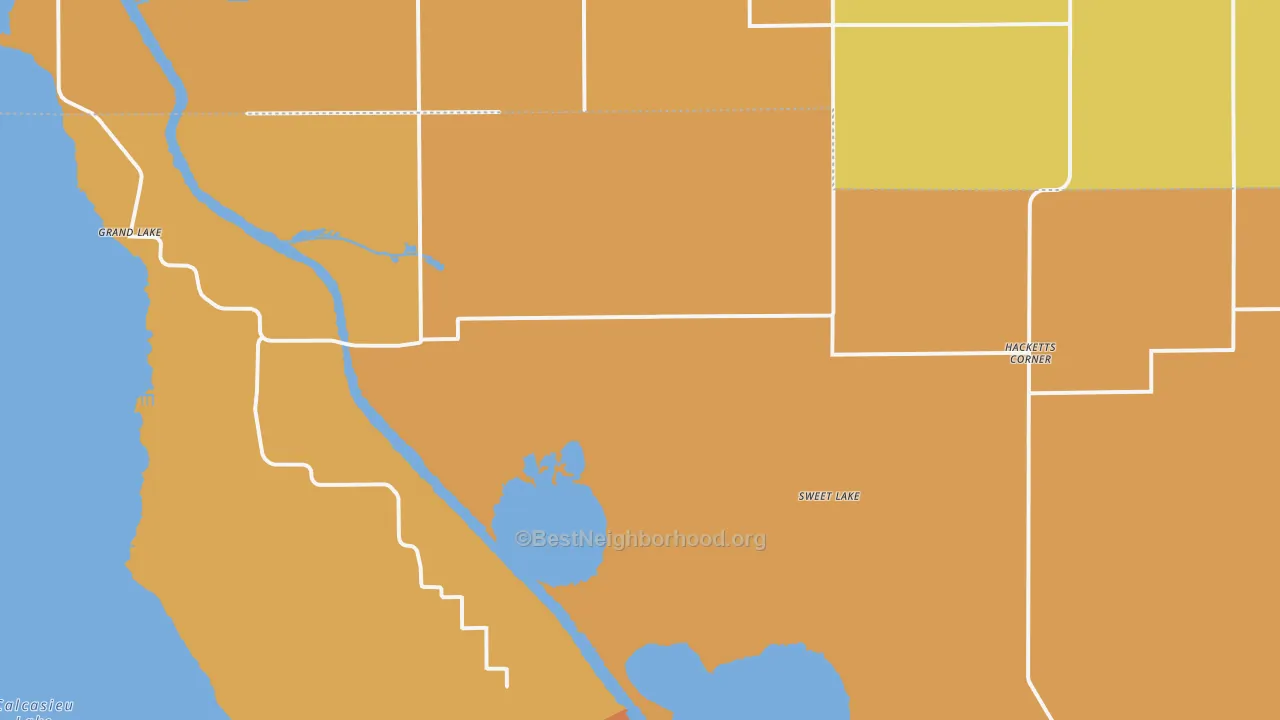 Map of the best neighborhoods in the Sweet Lake area, with better matches in green and worse matches in red