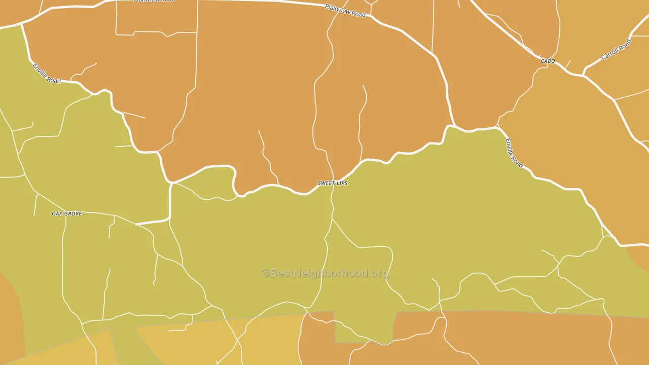 Map of the best neighborhoods in the Sweet Lips area, with better matches in green and worse matches in red