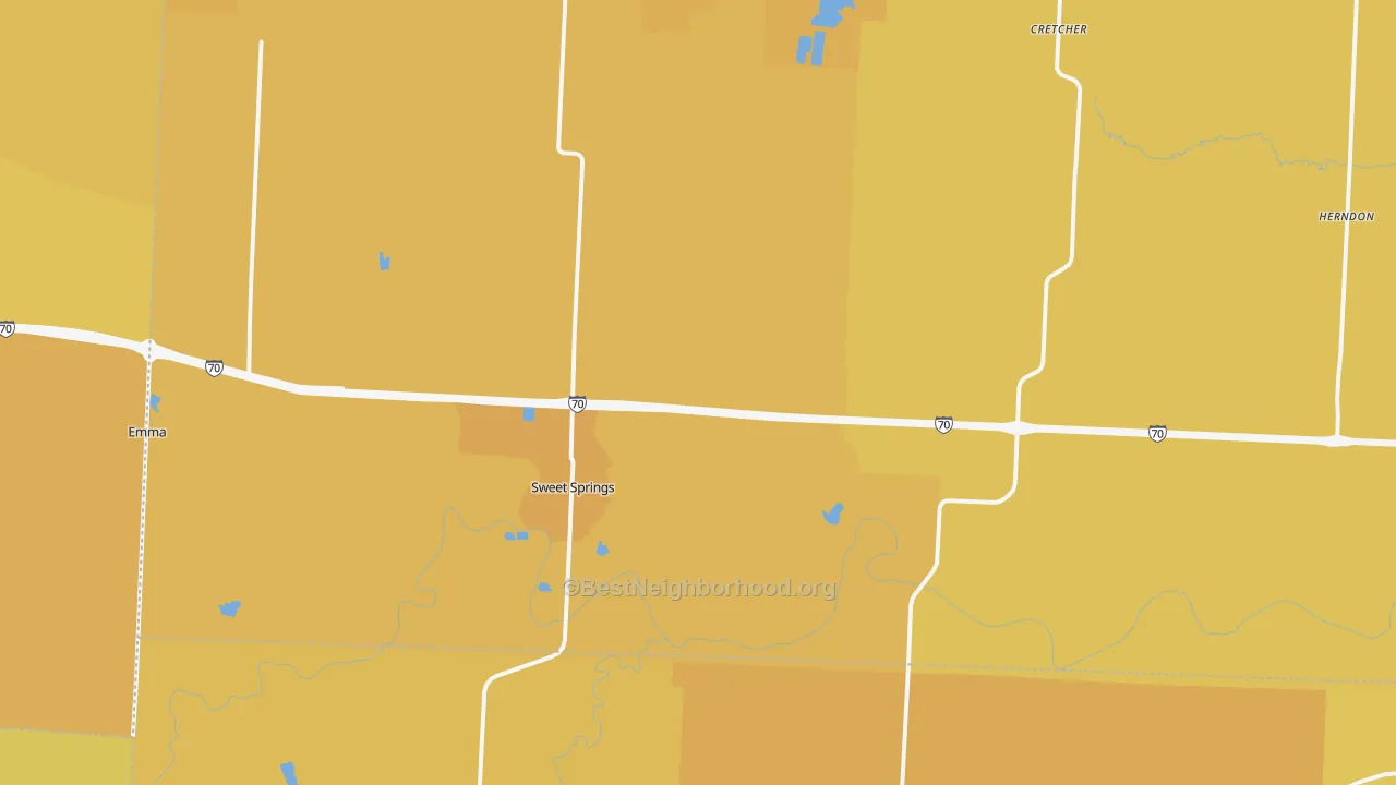 Map of the best neighborhoods in the Sweet Springs area, with better matches in green and worse matches in red