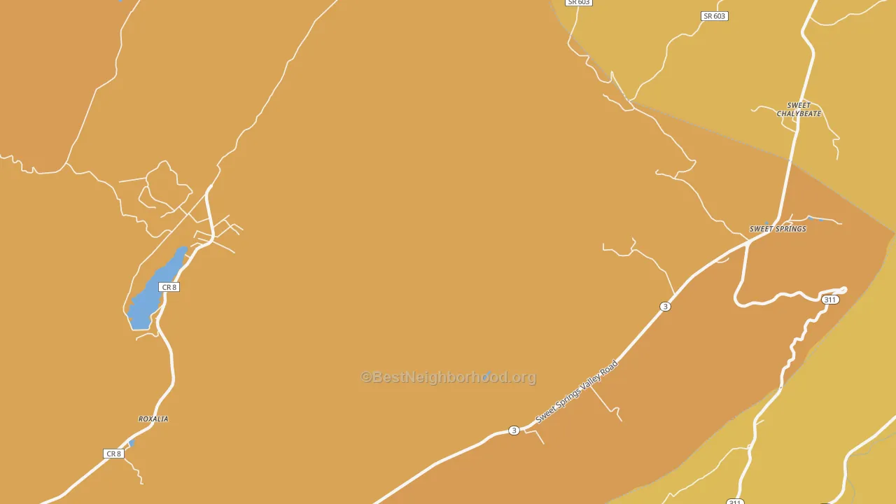 Map of the best neighborhoods in the Sweet Springs area, with better matches in green and worse matches in red