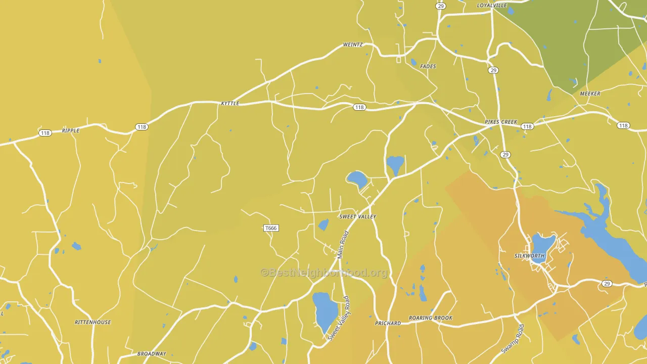 Map of the best neighborhoods in the Sweet Valley area, with better matches in green and worse matches in red