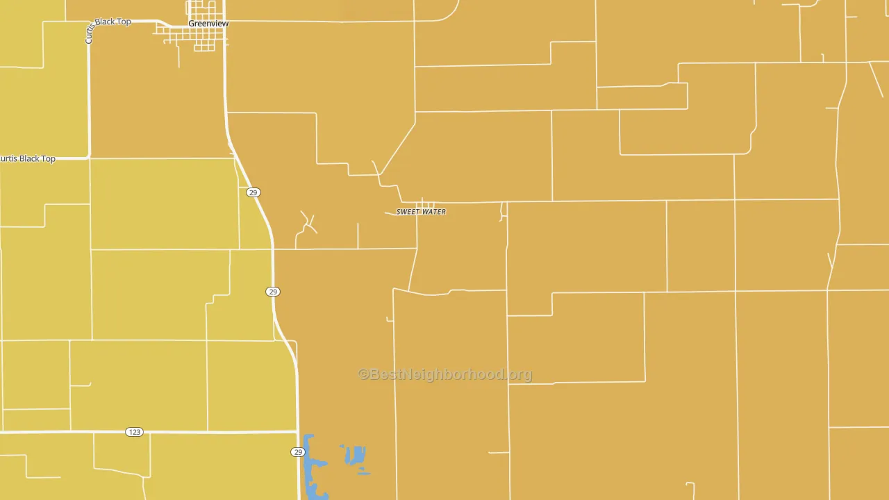 Map of the best neighborhoods in the Sweet Water area, with better matches in green and worse matches in red