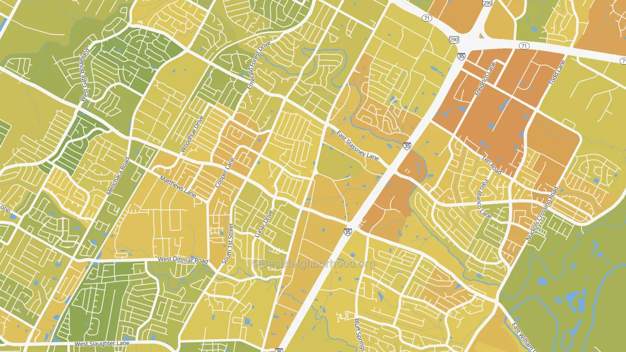 Map of the best neighborhoods in the Sweetbriar, Austin area, with better matches in green and worse matches in red