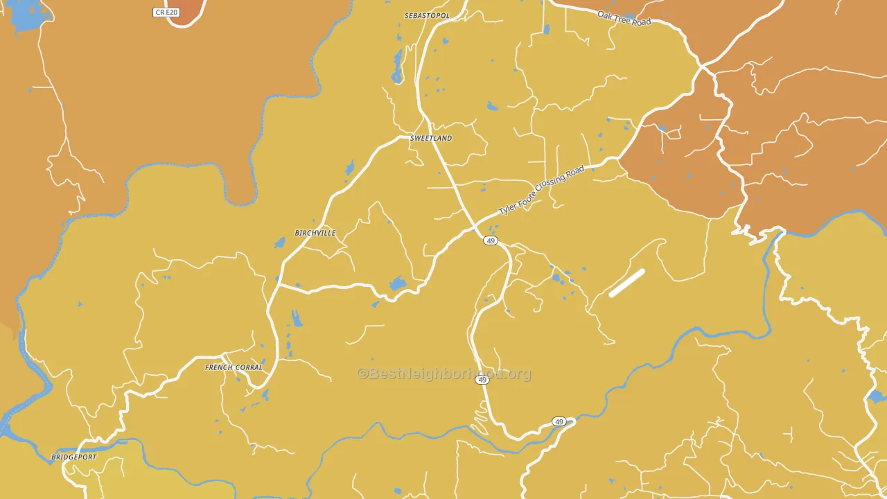 Map of the best neighborhoods in the Sweetland area, with better matches in green and worse matches in red
