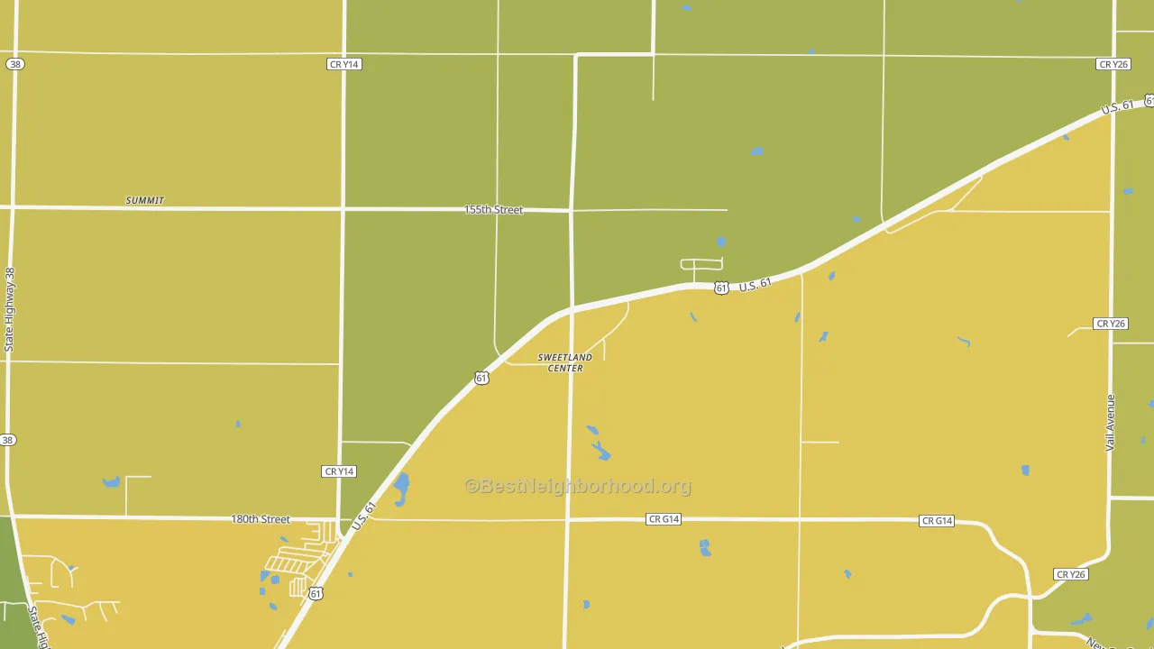 Map of the best neighborhoods in the Sweetland Center area, with better matches in green and worse matches in red