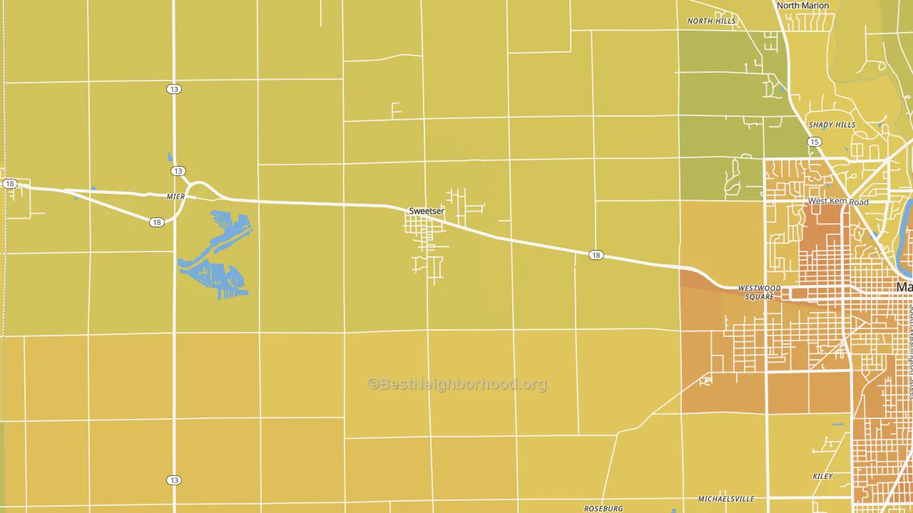 Map of the best neighborhoods in the Sweetser area, with better matches in green and worse matches in red