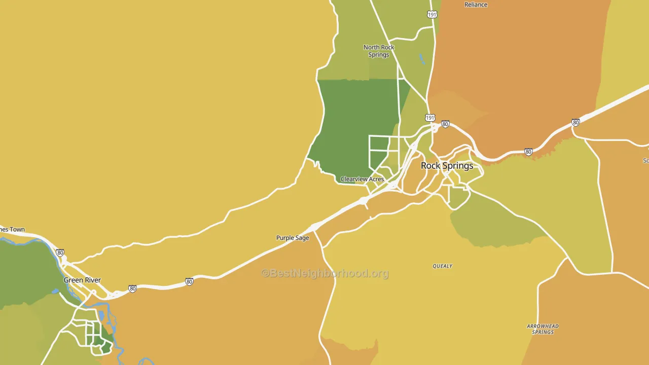 Map of the best neighborhoods in the Sweetwater County area, with better matches in green and worse matches in red
