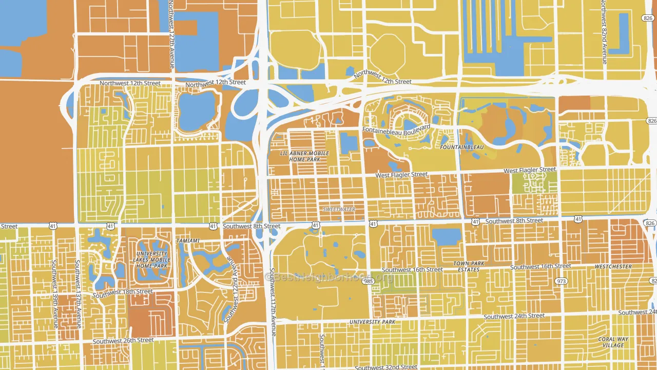Map of the best neighborhoods in the Sweetwater area, with better matches in green and worse matches in red