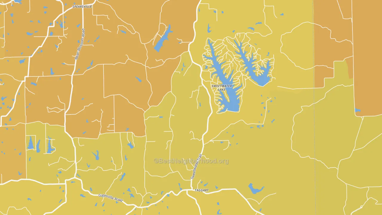 Map of the best neighborhoods in the Sweetwater Lake area, with better matches in green and worse matches in red