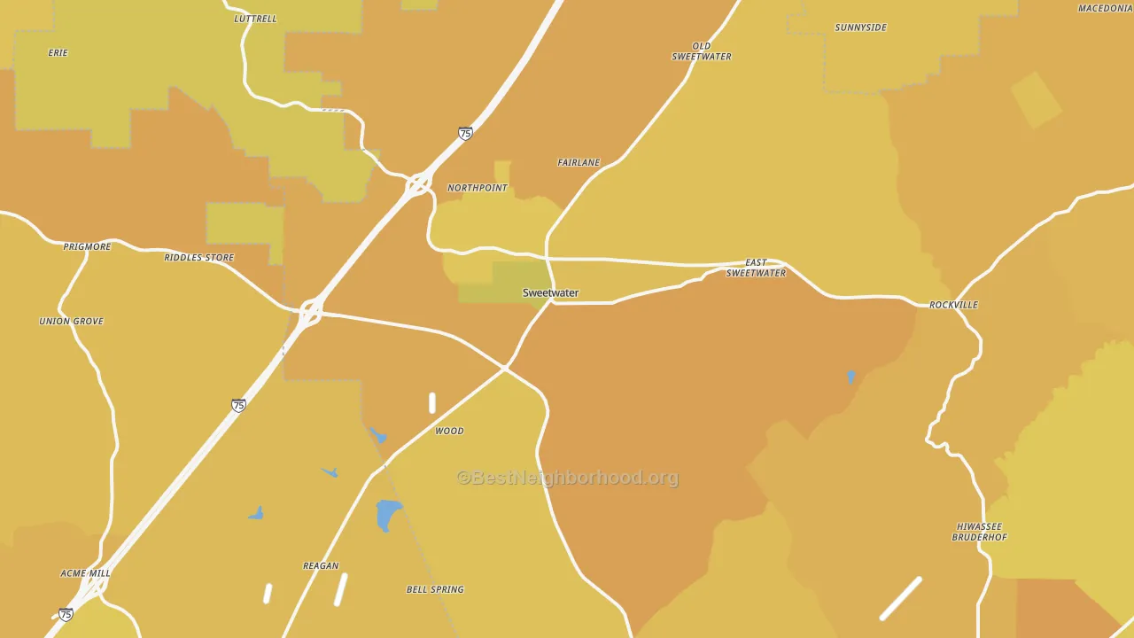 Map of the best neighborhoods in the Sweetwater area, with better matches in green and worse matches in red
