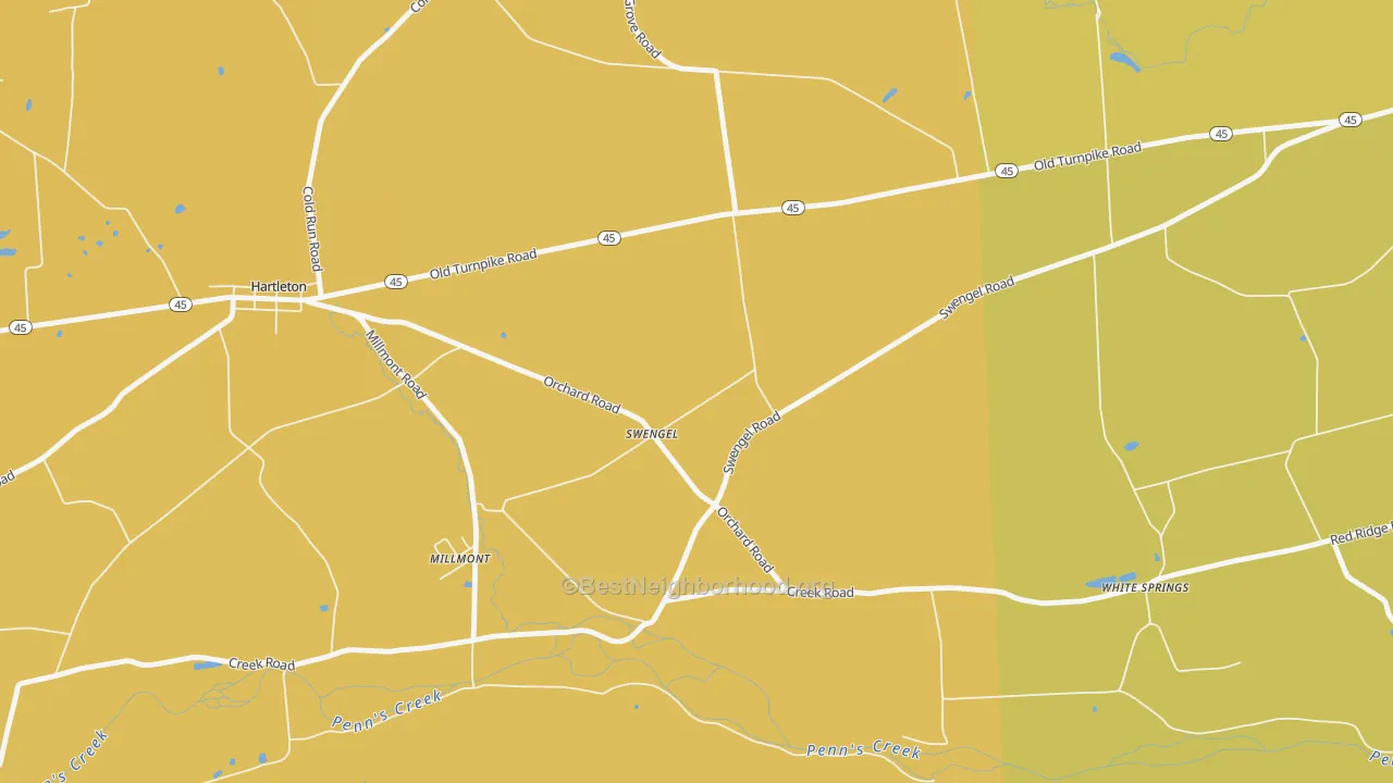 Map of the best neighborhoods in the Swengel area, with better matches in green and worse matches in red