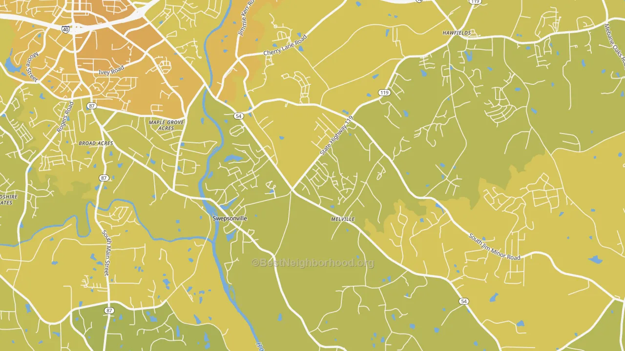Map of the best neighborhoods in the Swepsonville area, with better matches in green and worse matches in red