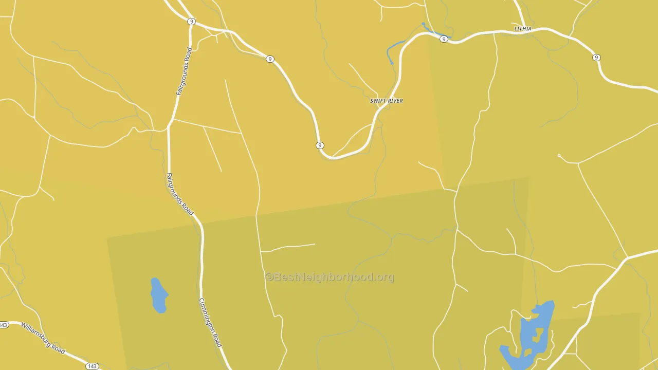 Map of the best neighborhoods in the Swift River area, with better matches in green and worse matches in red