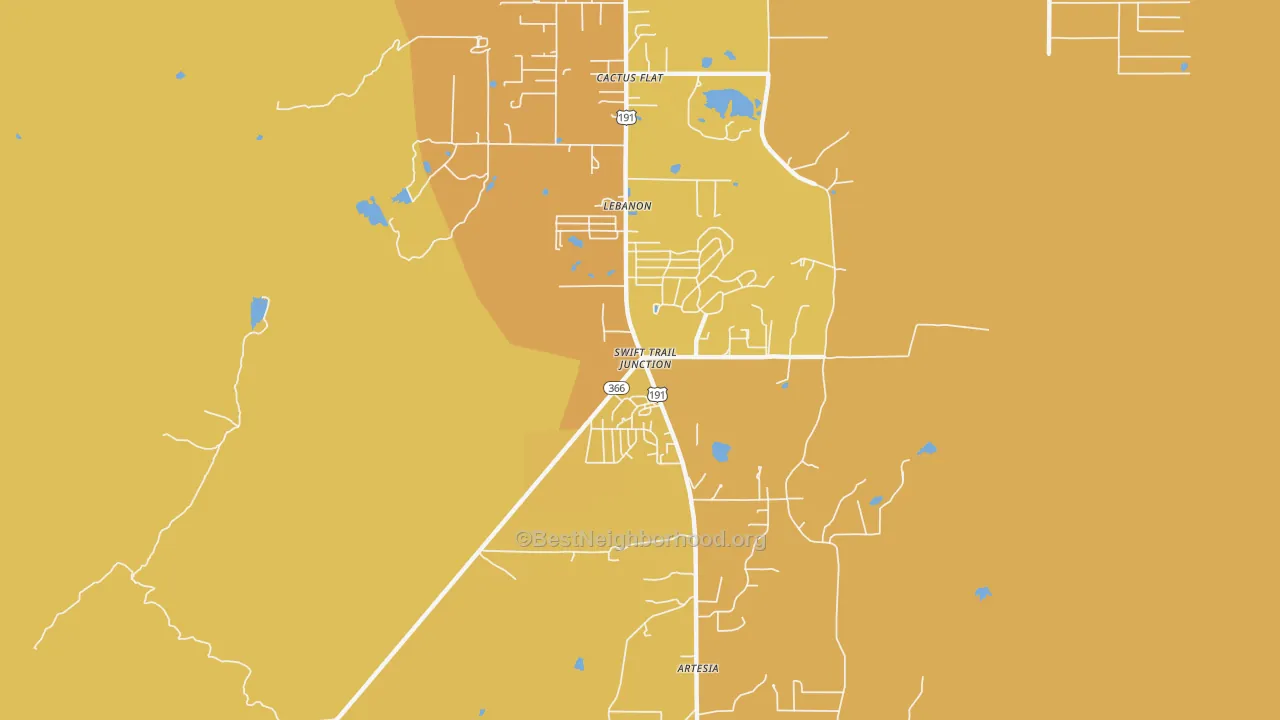Map of the best neighborhoods in the Swift Trail Junction area, with better matches in green and worse matches in red