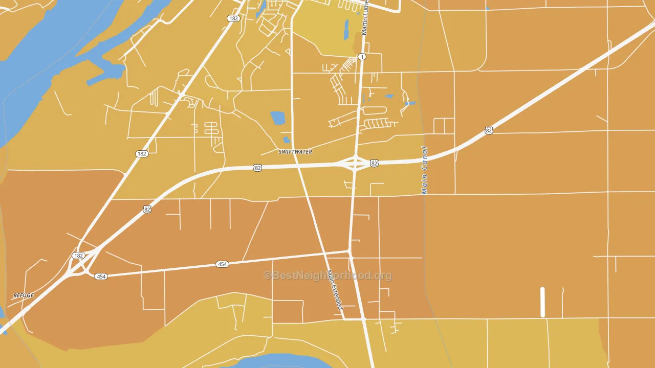 Map of the best neighborhoods in the Swiftwater area, with better matches in green and worse matches in red