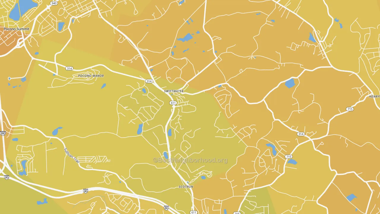 Map of the best neighborhoods in the Swiftwater area, with better matches in green and worse matches in red
